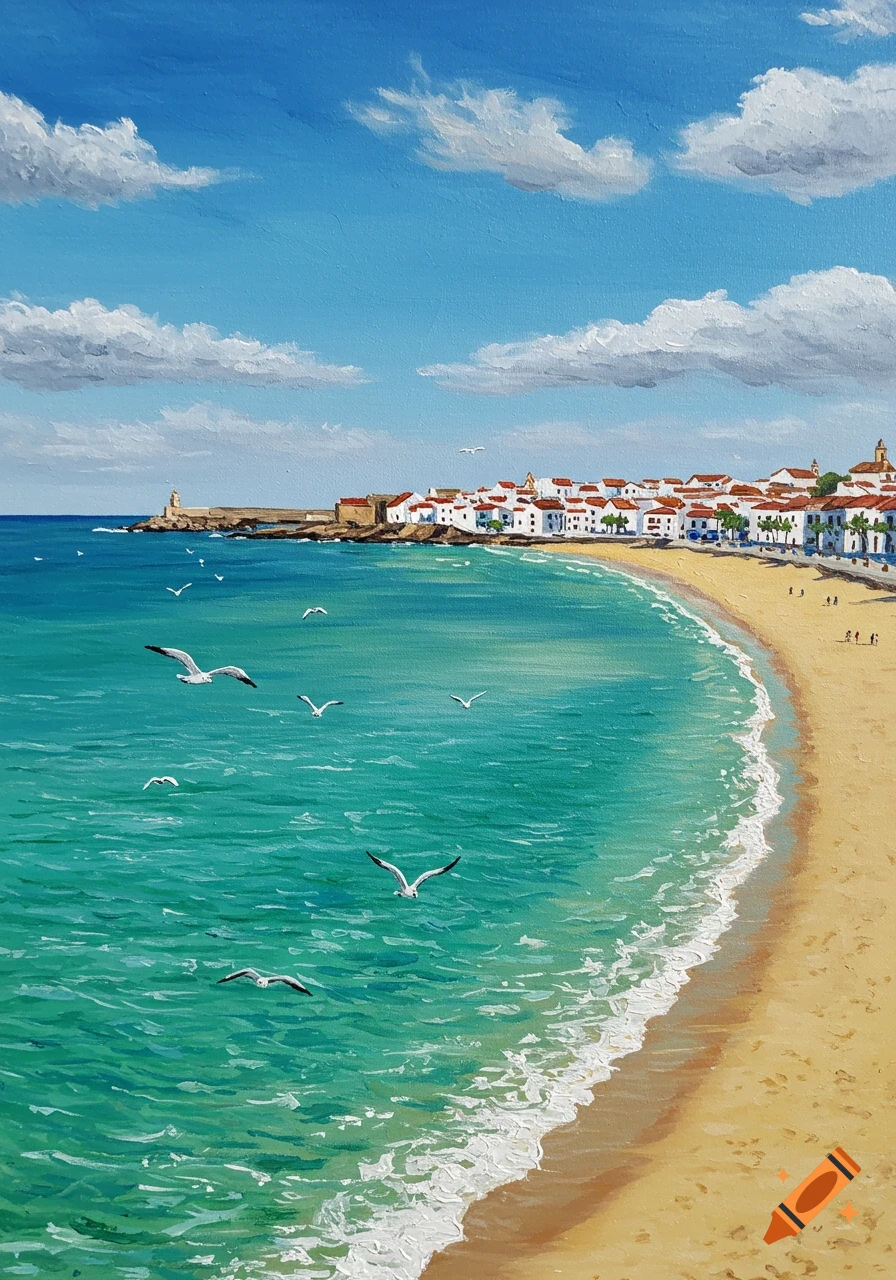 Acrylic painting: a turquoise ocean meets a golden beach, with a white coastal town, lighthouse, and seagulls under a blue sky.