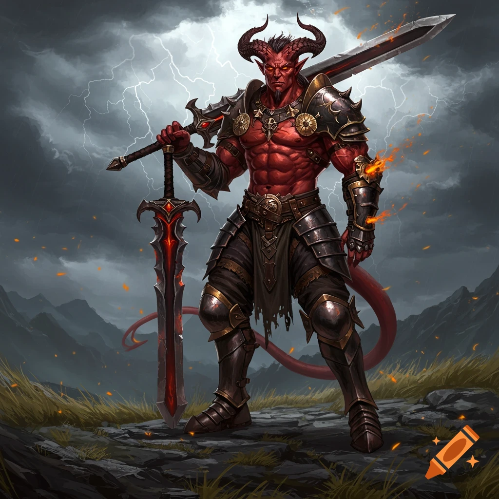 A Tiefling warrior in dark armor holds two ornate swords on a rocky hill beneath a stormy, lightning-filled sky.