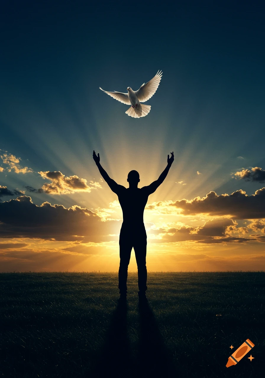 Silhouette of a man with raised arms looking up at a dove flying over him at sunset in a grassy field, sun rays through clouds.