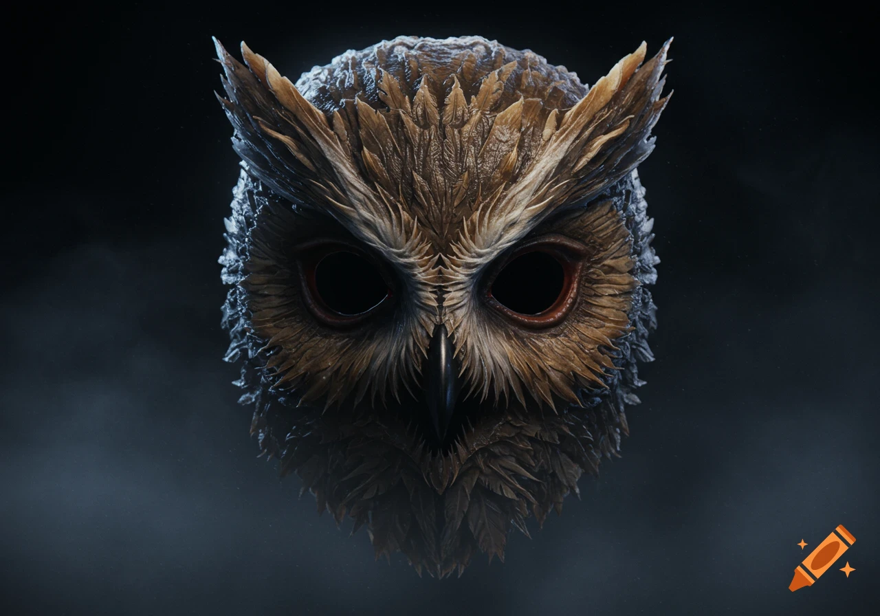 Close-up of a hyper-realistic, dark owl mask with intricate feather textures, dramatic lighting, and a foggy background.