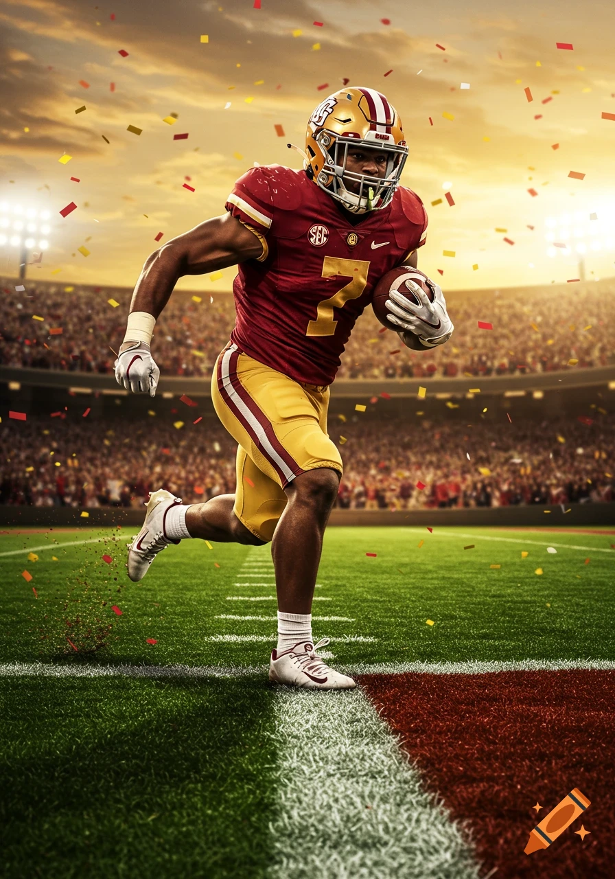 Photorealistic American football running back in a red and gold uniform dashes with the ball on a stadium field as confetti falls.