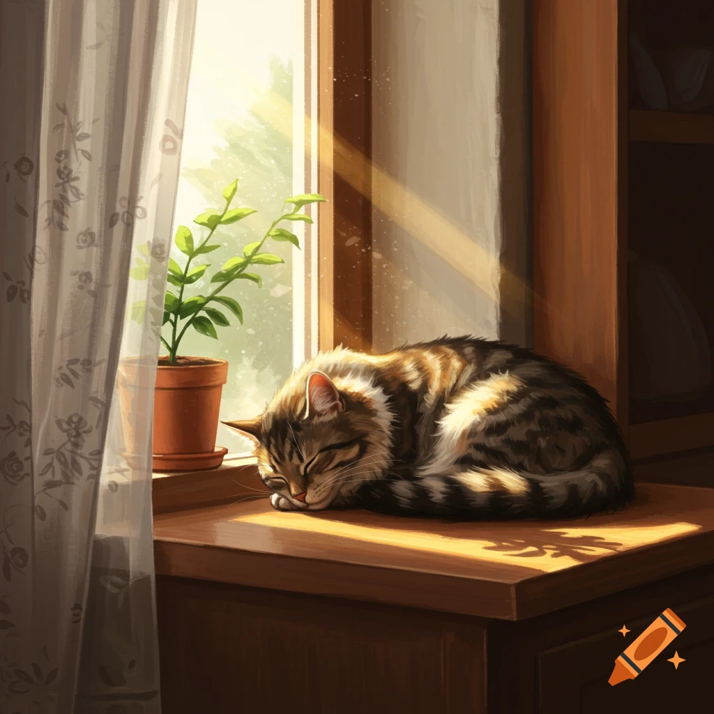 A tabby cat curled up asleep on a sunlit wooden windowsill next to a small potted plant and a white curtain.
