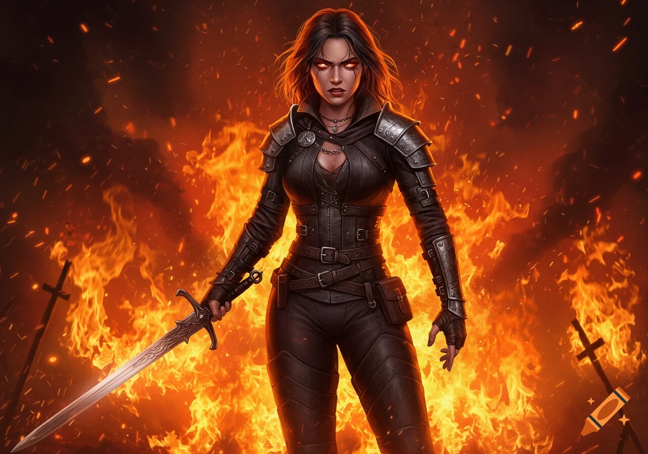 A fierce warrior woman with glowing red eyes and a sword, dressed in dark leather armor, stands confidently against a dramatic fiery background.