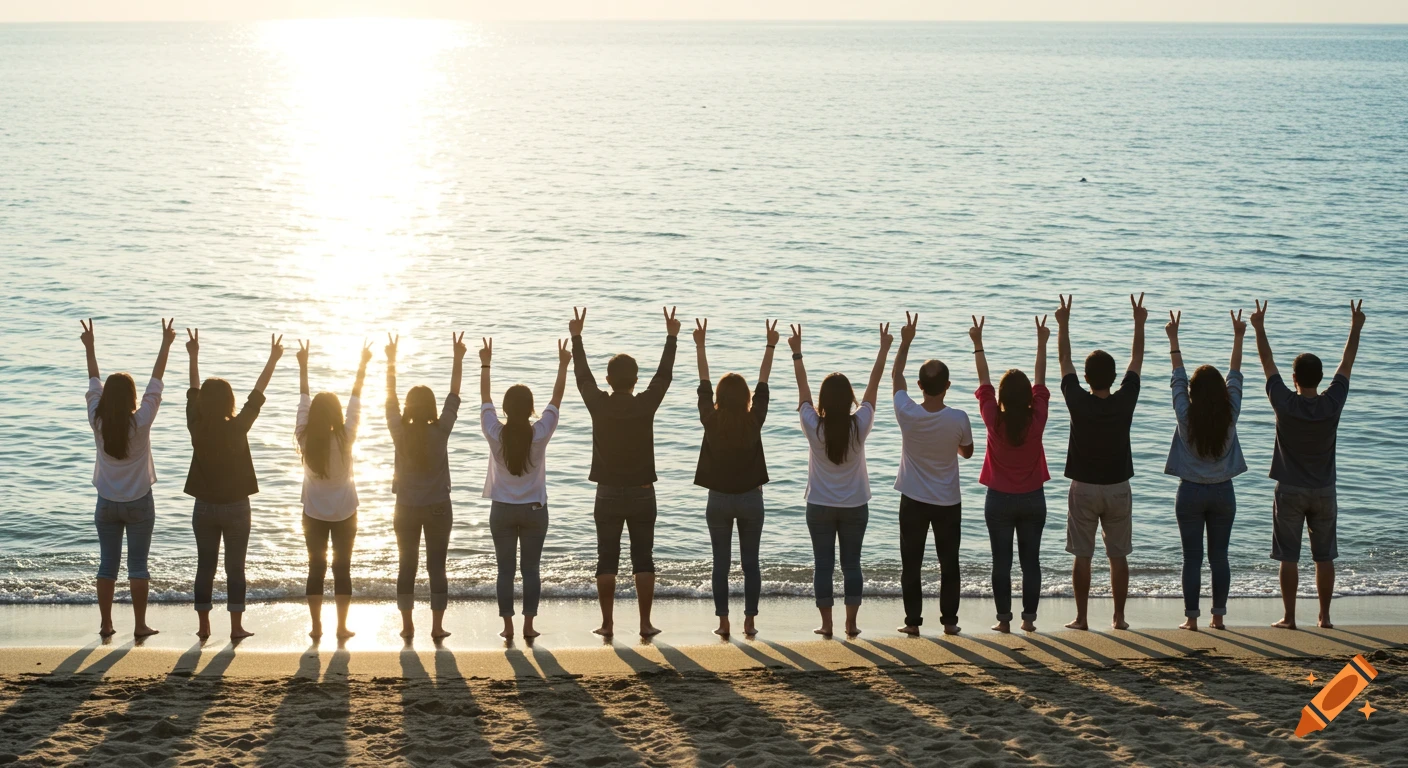 A group of people stand on a beach at sunset, seen from behind, raising their hands in V-signs towards the sea.