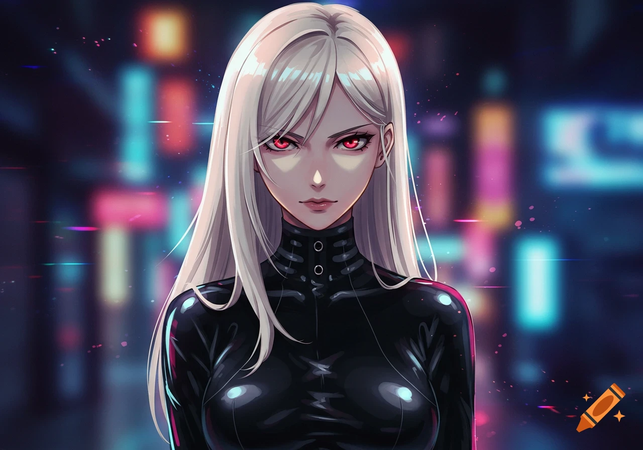 An anime-style woman with long white hair and glowing red eyes, wearing a black latex suit, stands against a blurry neon city background.