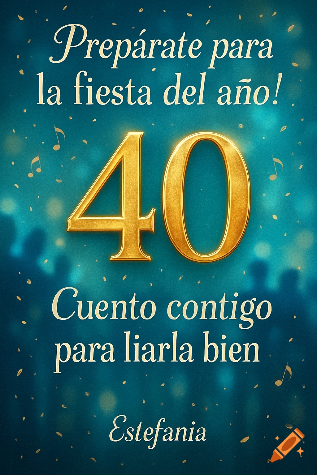 Elegant blue and gold party invitation with the number 40, confetti, musical notes, and silhouettes of dancing people. Text reads 'Prepárate para la fiesta del año! Cuento contigo para liarla bien. Estefania'.