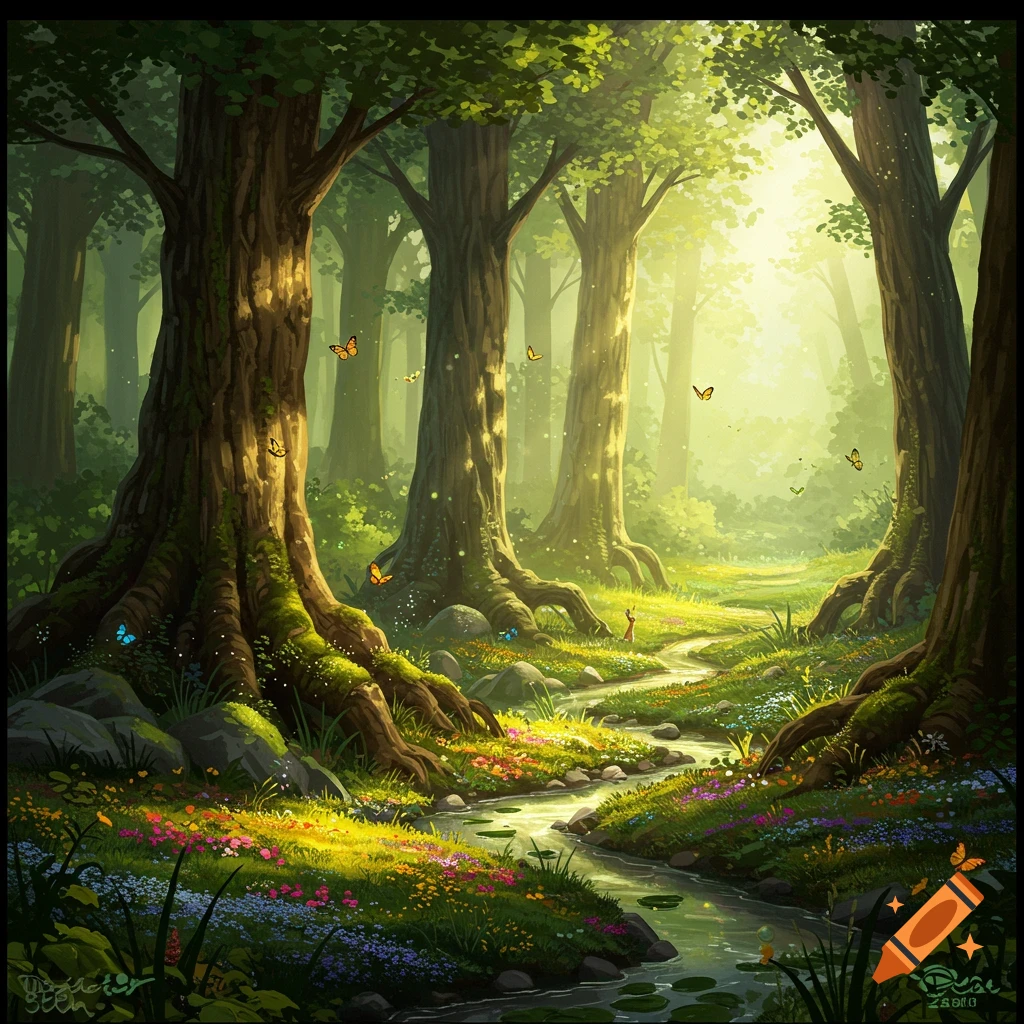 A vibrant fantasy forest with a sunlit path, stream, lush green foliage, colorful flowers, and butterflies, in an illustration style.