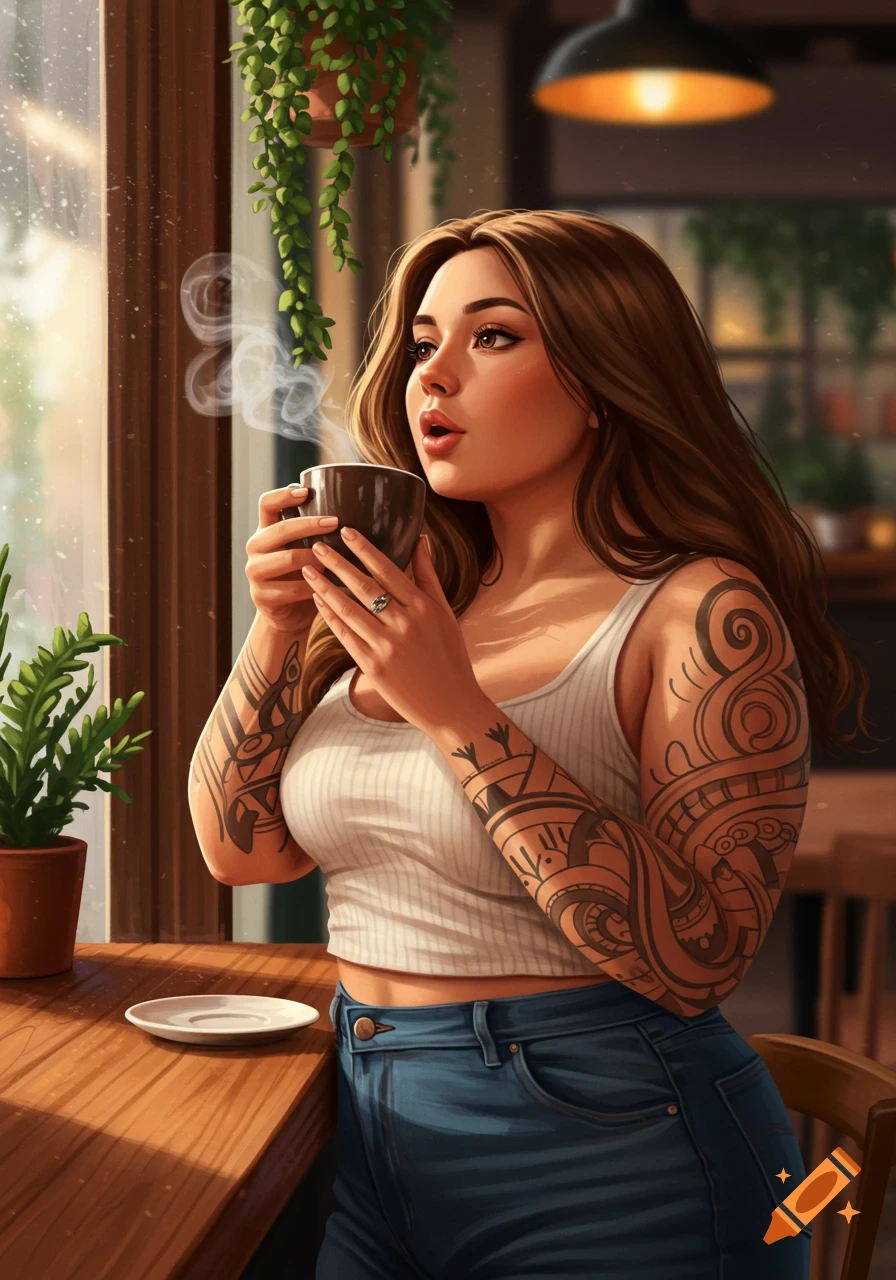 Digital art of a tattooed woman with brown hair holding a steaming coffee cup in a sunlit cafe.