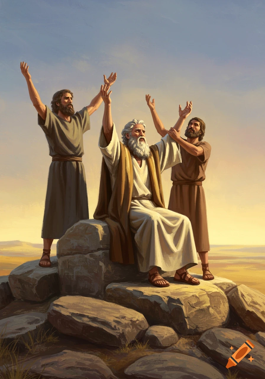 Moses, Aaron, and Hur pray on a rocky hill. Moses sits with raised arms, supported by Aaron and Hur standing beside him, in a painterly style.