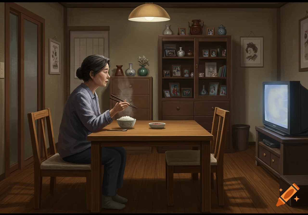 A realistic image of a Korean woman eating steaming rice with chopsticks at a dining table in a dimly lit home, watching TV.