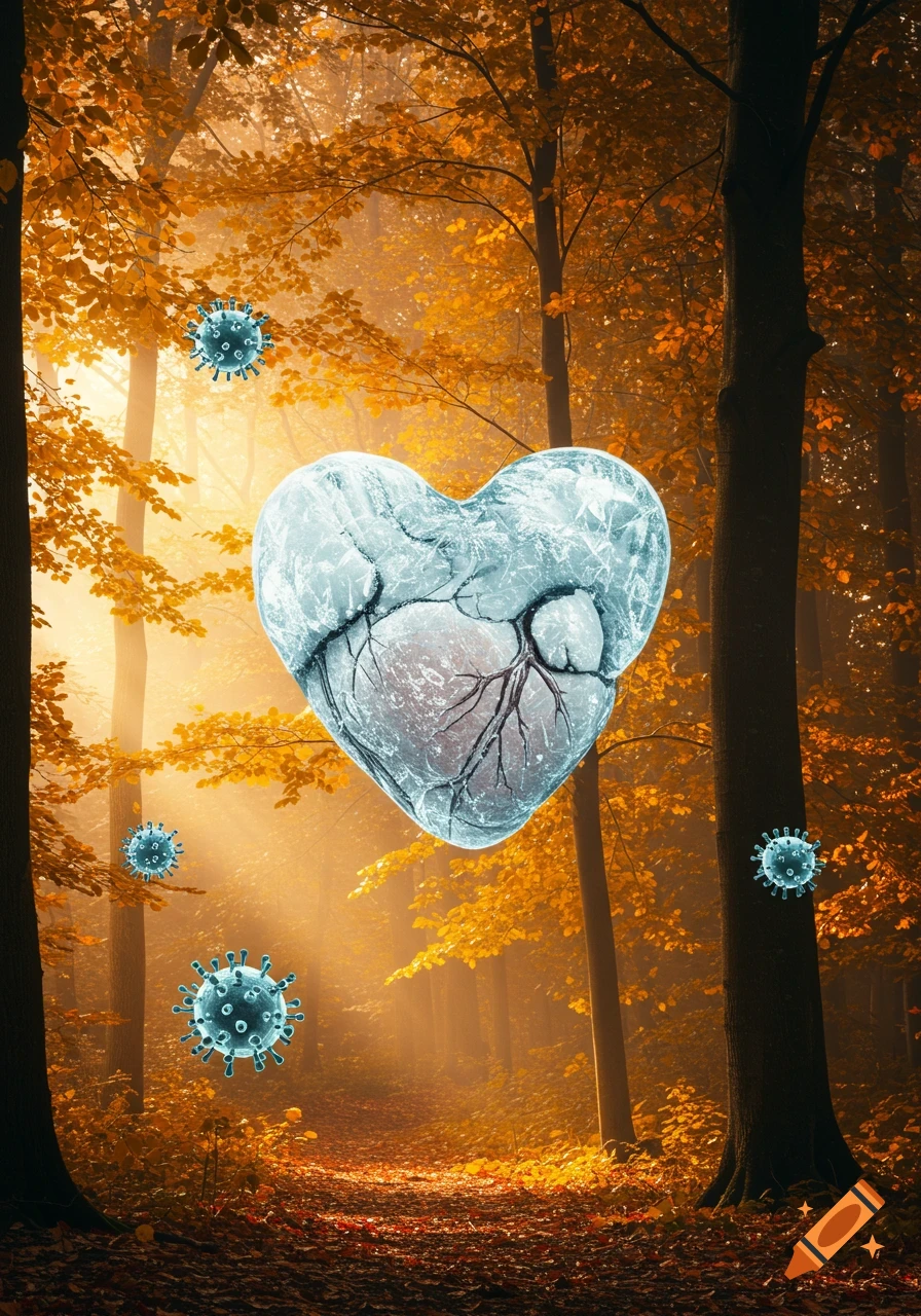 A floating cracked ice heart with visible veins, surrounded by blue virus particles, in a sunlit autumnal forest with golden leaves.