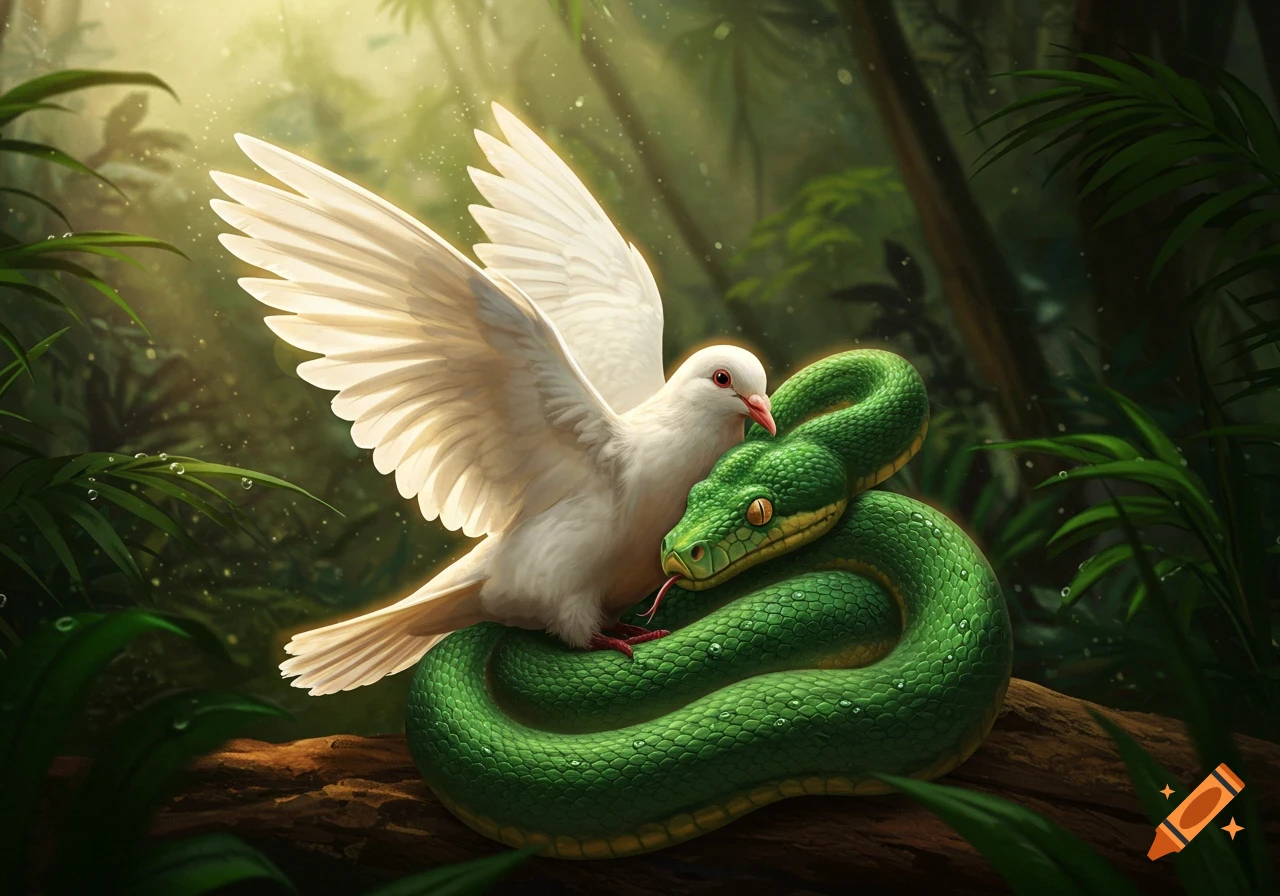 Detailed illustration of a white dove perched on a coiled green snake in a lush, sunlit jungle.