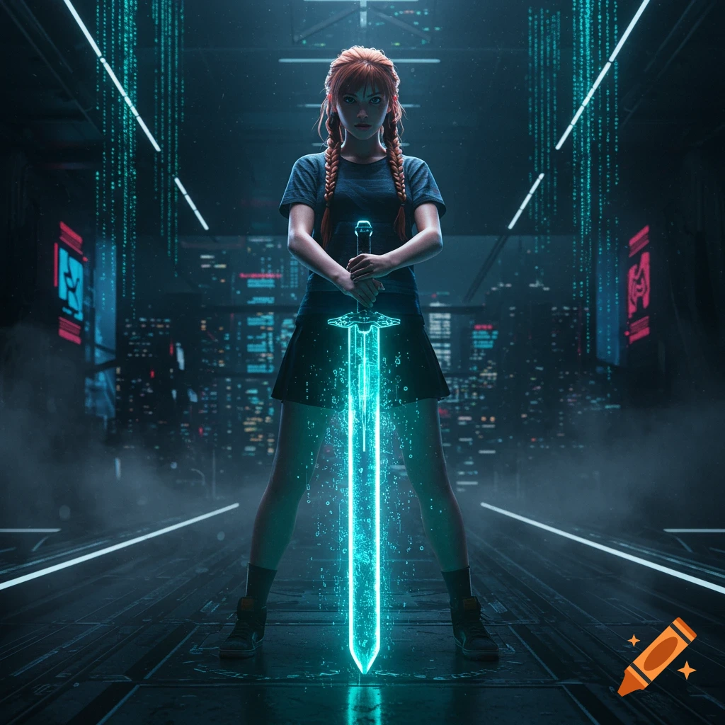 A young woman with braided red hair stands in a dark, futuristic city, holding a glowing turquoise sword made of code.