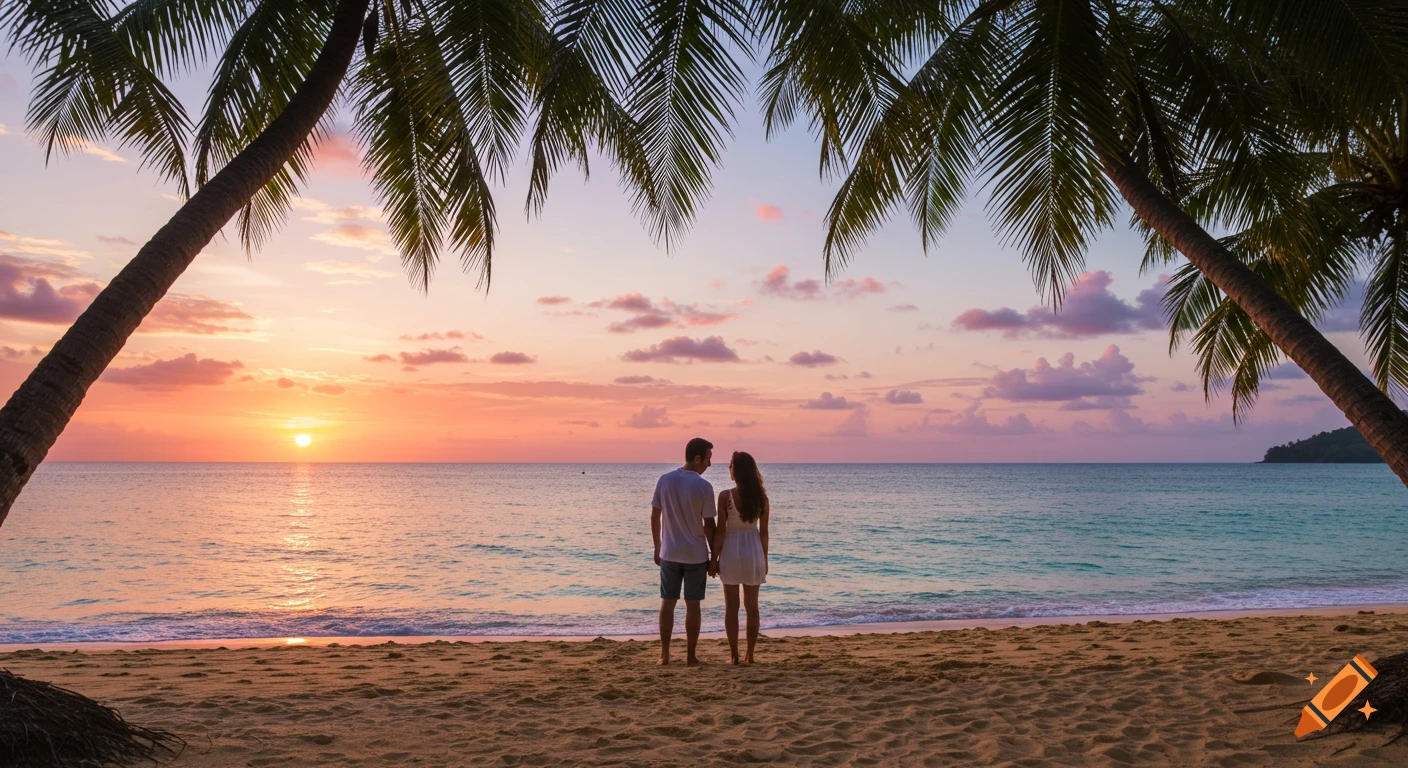 A couple stands on a sandy beach looking at a beautiful sunset over the ocean, framed by palm trees.