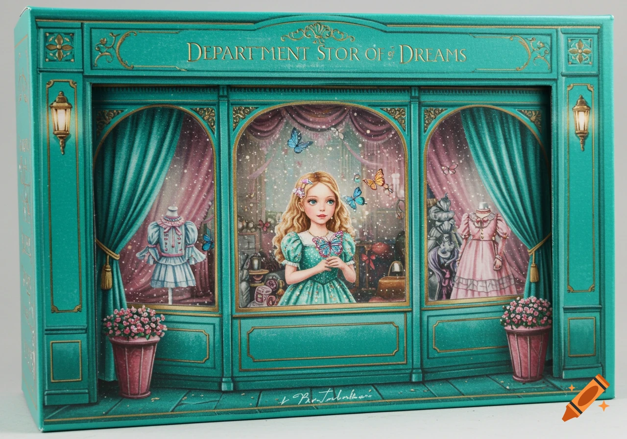 A whimsical illustration of a teal shop facade with a central window revealing a blonde girl among butterflies and dresses.