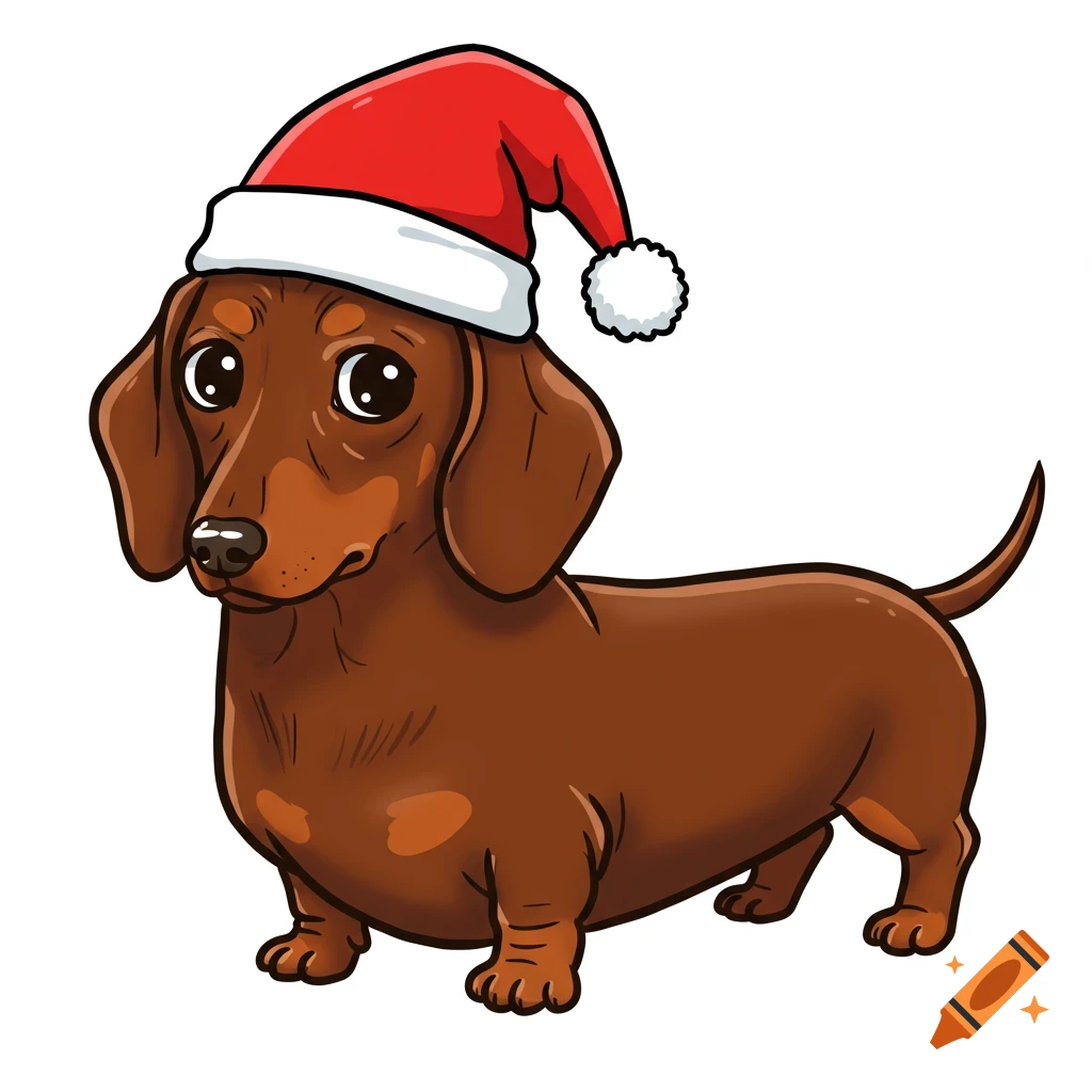 A cute cartoon brown dachshund wears a red and white Santa hat, isolated on a white background.