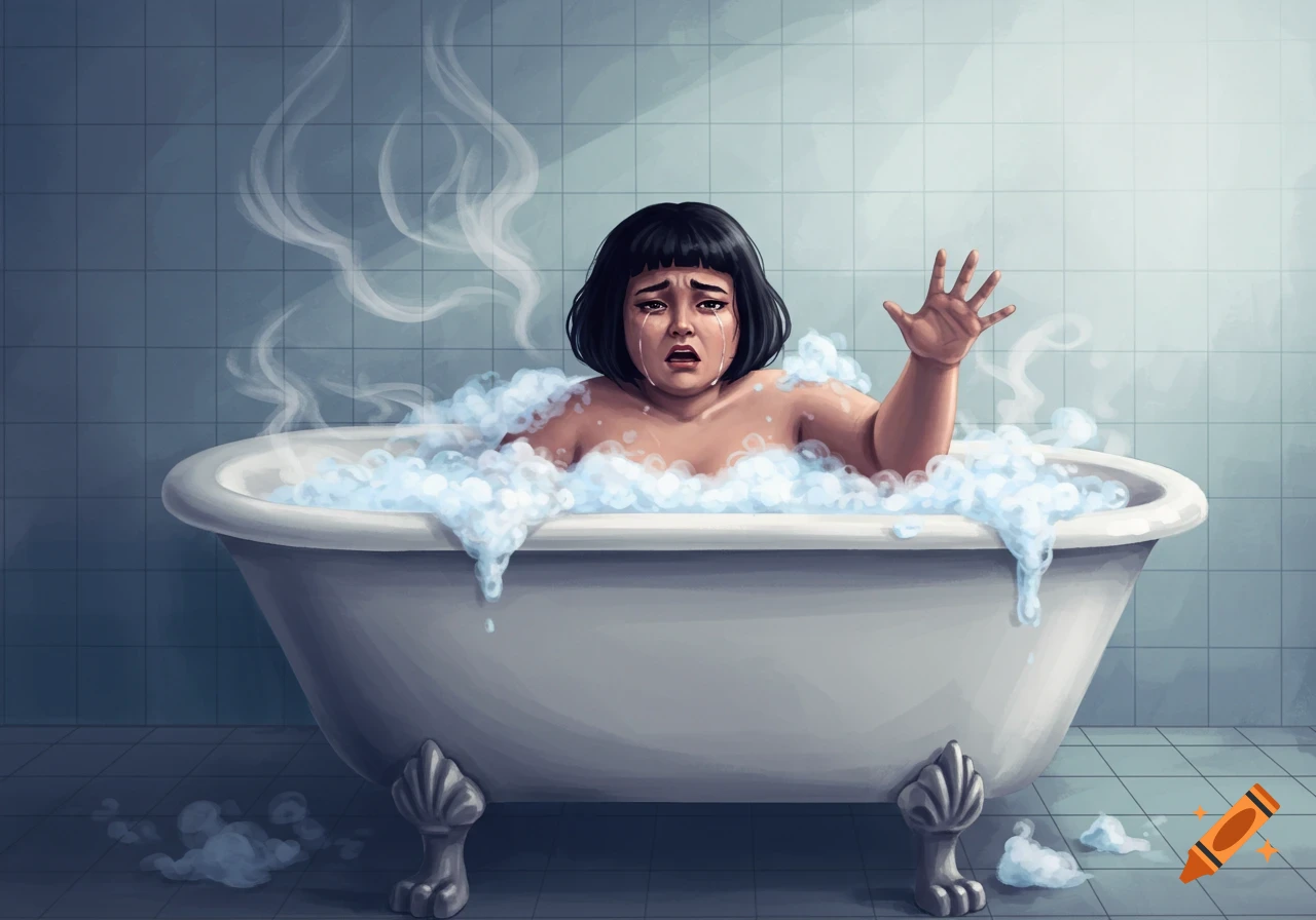 An illustration of a woman with a black bob haircut crying in a sudsy bathtub, looking distressed with her hand raised.