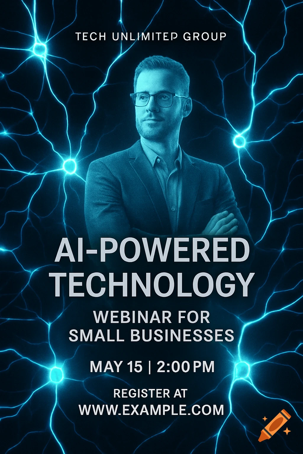 A blue and black flyer for an 'AI-POWERED TECHNOLOGY WEBINAR', featuring a man in a suit surrounded by electric blue lightning bolts.