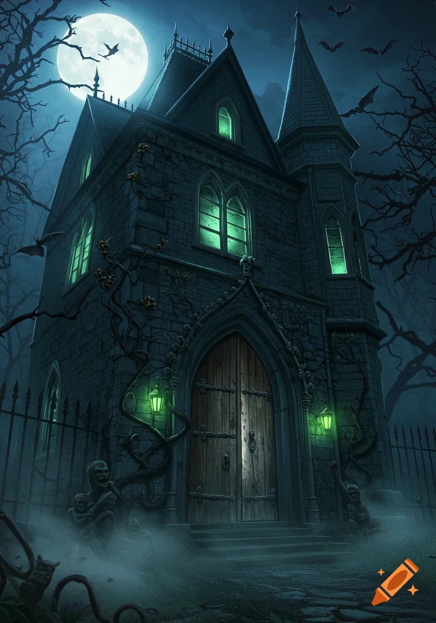 A dark, gothic haunted mansion with glowing green windows, surrounded by bare trees, bats, and fog under a full moon.
