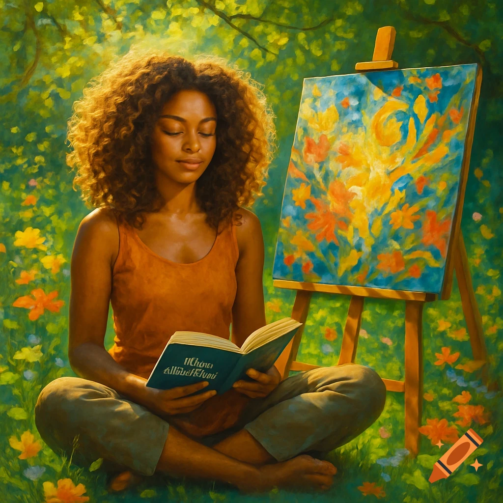 A light-skinned woman with curly brown hair sits cross-legged in a sunlit meadow, reading a book next to a painting easel.