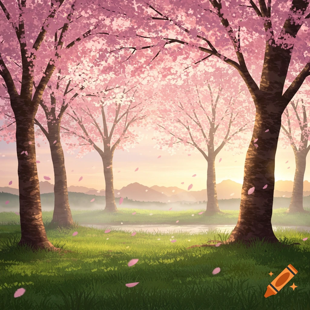 A vibrant illustration of a cherry blossom forest with pink petals falling, a stream, and mountains in the background.
