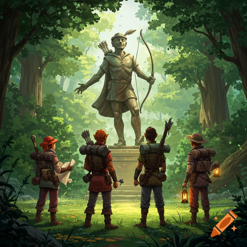 Four cartoon adventurers look up at a bronze Robin Hood statue in a sunlit forest clearing.