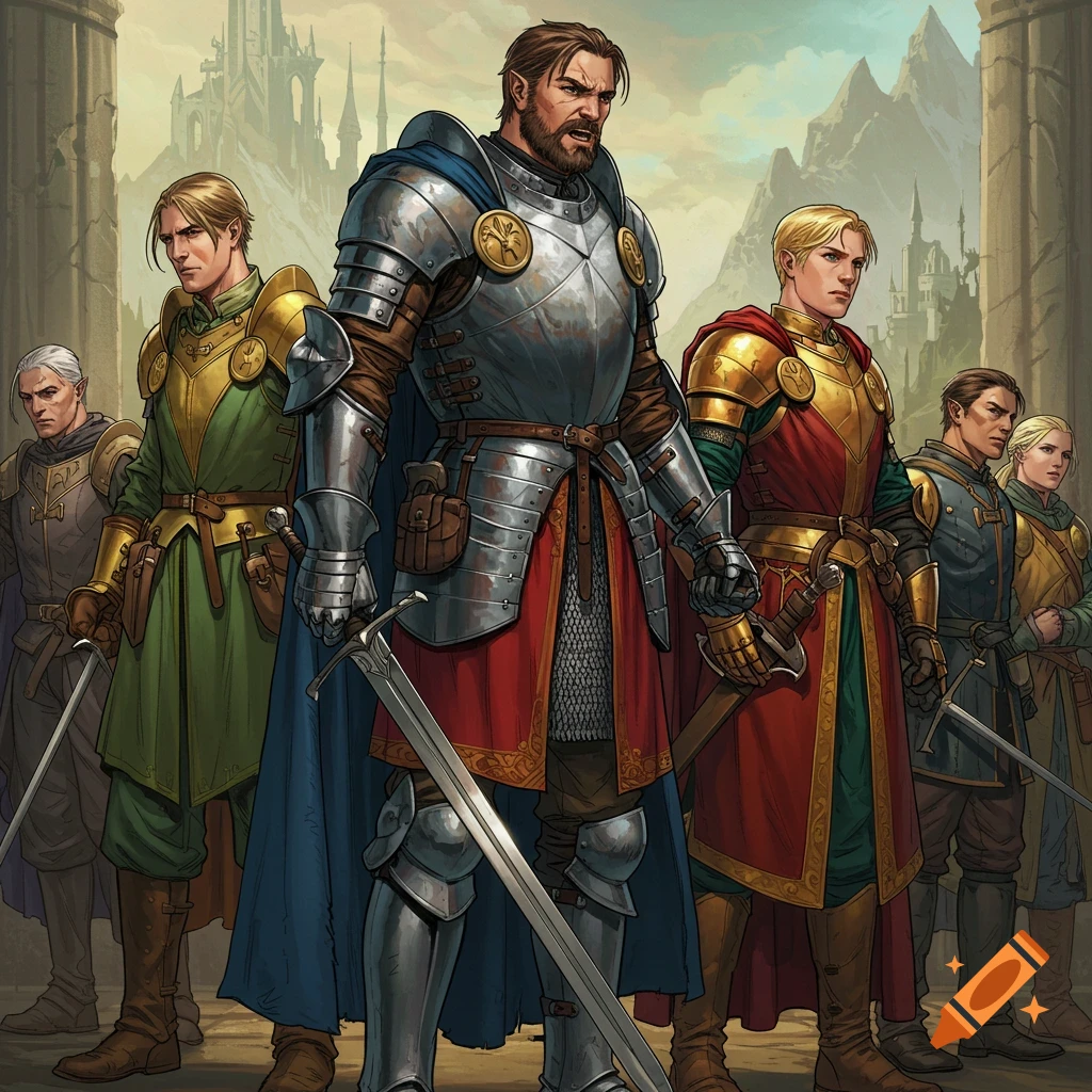 An illustration of five armored male fantasy warriors, with swords, standing in front of a castle under a cloudy sky.