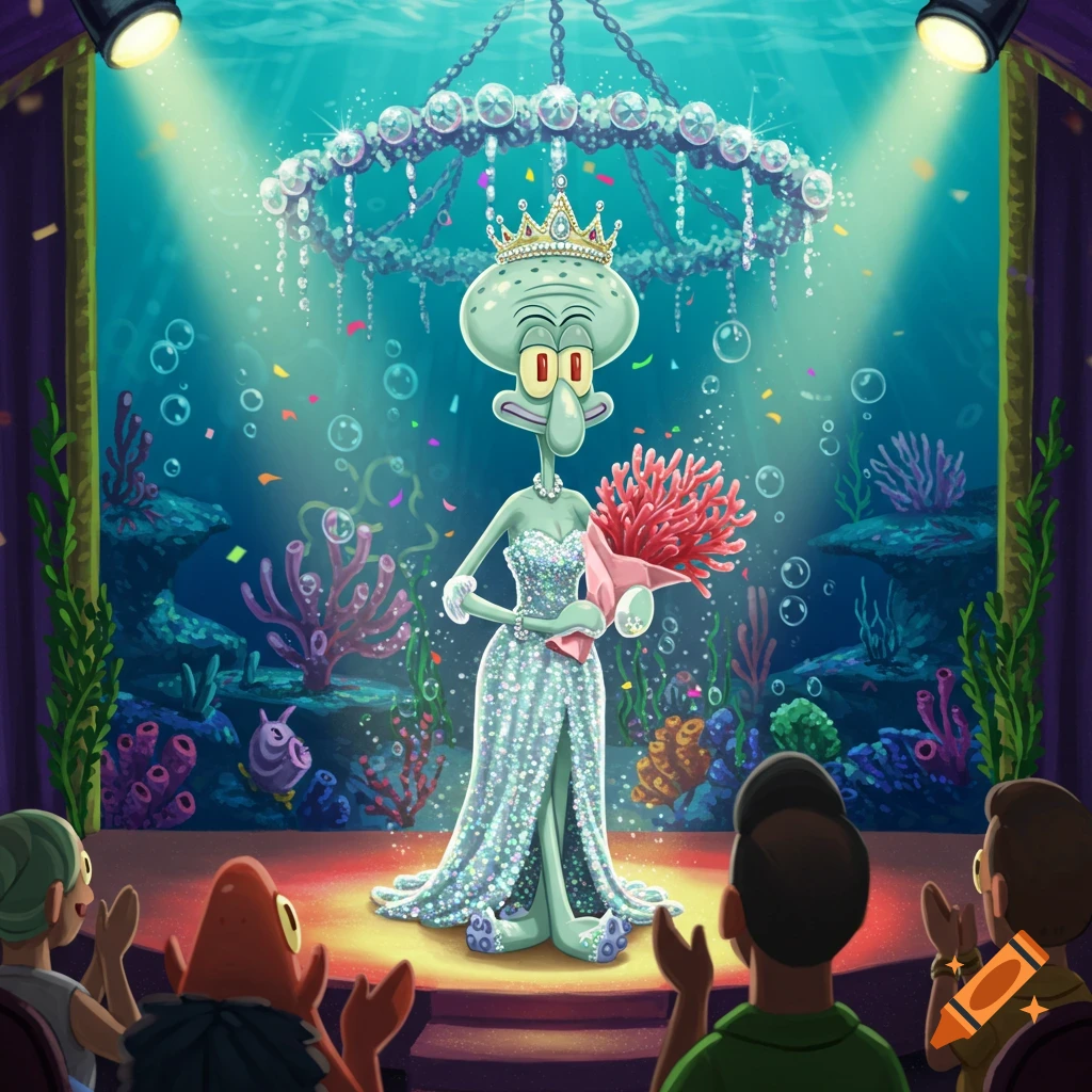 Squidward in a glittery dress and crown holds a coral bouquet on an underwater stage, applauded by an audience.