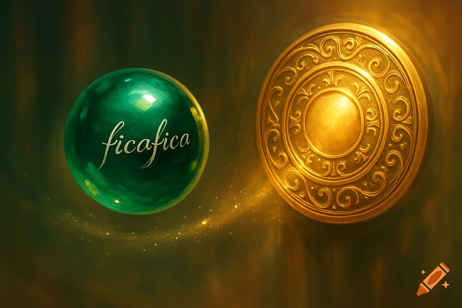 An emerald green glowing sphere with "ficafica" written on it flies towards an ornate golden disk with a sparkling trail.