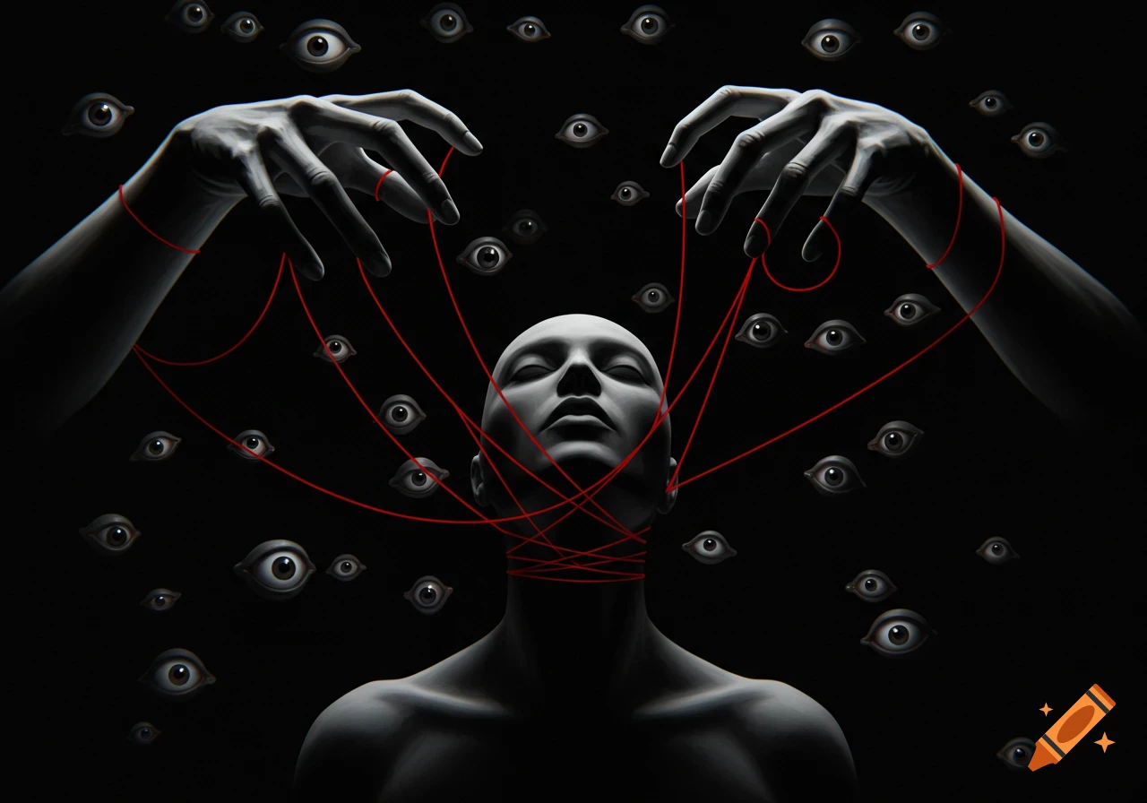 Surreal black and white art of a bald figure with red strings around its neck, controlled by two hands, amidst floating eyes in a dark background.