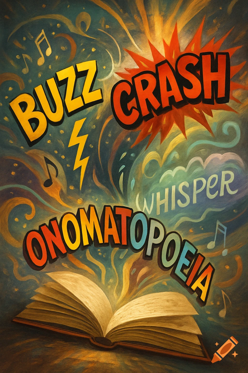 An open book with "BUZZ", "CRASH", "WHISPER", and "ONOMATOPOEIA" in colorful, bold text, surrounded by musical notes and abstract swirls, in a painterly style.