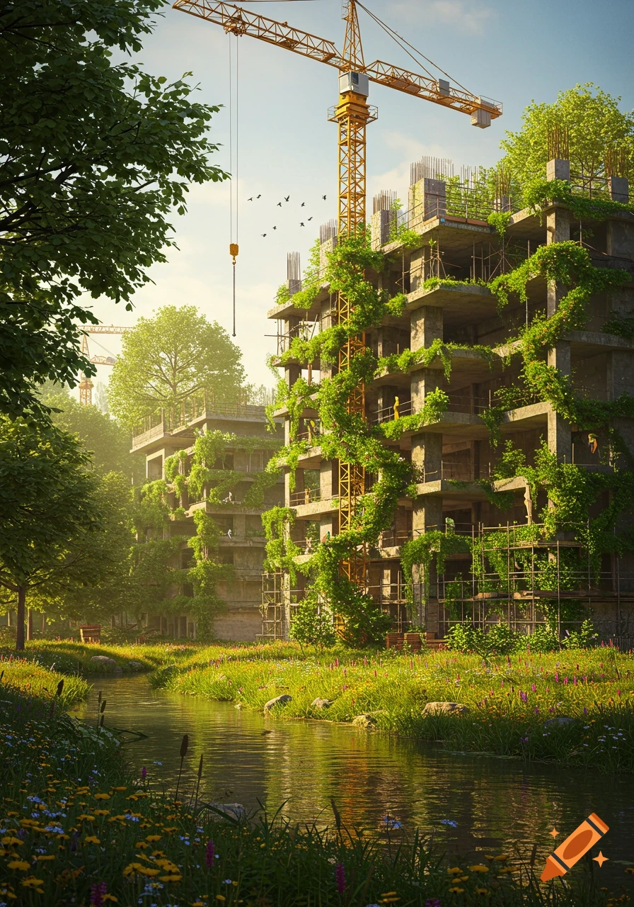A photorealistic image of a construction site overgrown with lush green vines and trees, beside a winding river with wildflowers.