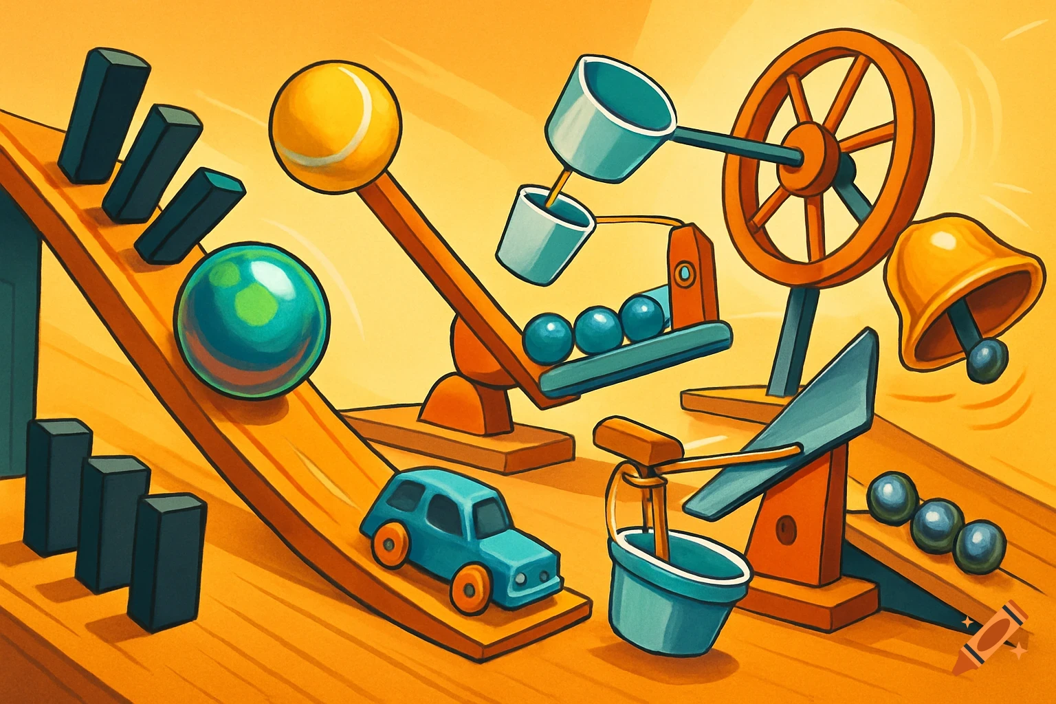 A colorful cartoon illustration of a Rube Goldberg machine with dominoes, a ball, toy car, lever, pulley, and bell on a ramp system.