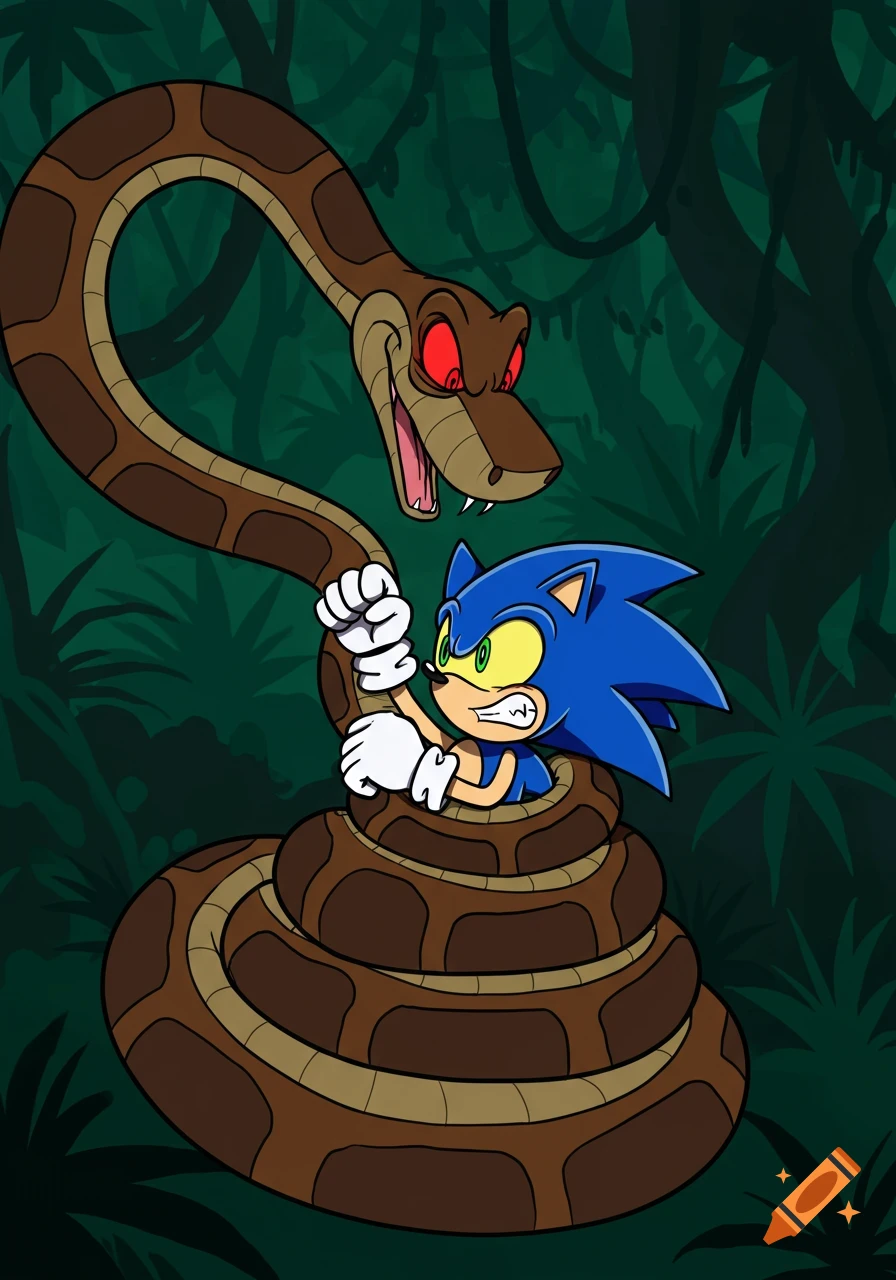A blue cartoon hedgehog, Sonic, is tightly constricted by a large brown snake with glowing red eyes in a dark jungle.