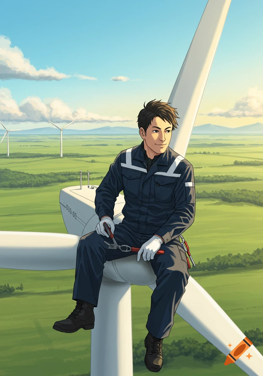 Illustrated Japanese wind technician sits on a turbine blade, pliers in hand, overlooking a wind farm and green fields.