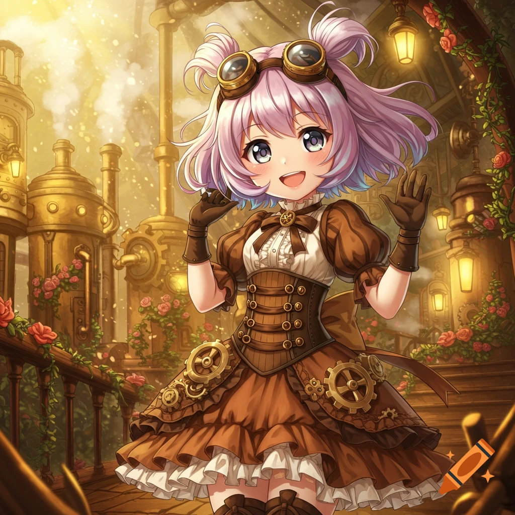 Cute anime girl with pink hair and goggles, wearing a steampunk dress, smiling and waving in a steampunk mechanical setting.