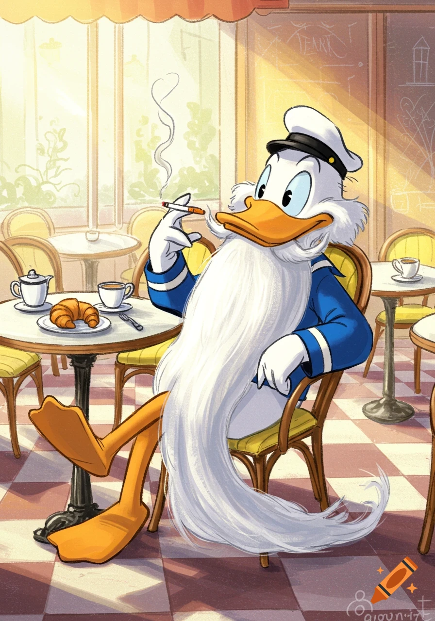 Cartoon illustration of Donald Duck with a long white beard, wearing a sailor uniform, smoking a cigarette in a sunny cafe.