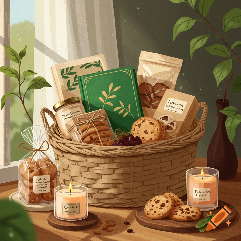 An illustrated gift basket filled with green books, candles, packaged cookies, and treats, set on a wooden table near a window.