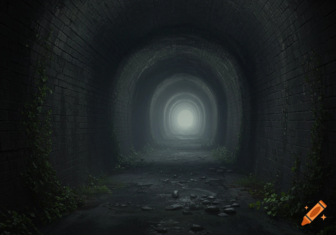 A dark, brick-lined tunnel with ivy on the walls, leading to a bright light in the distance.