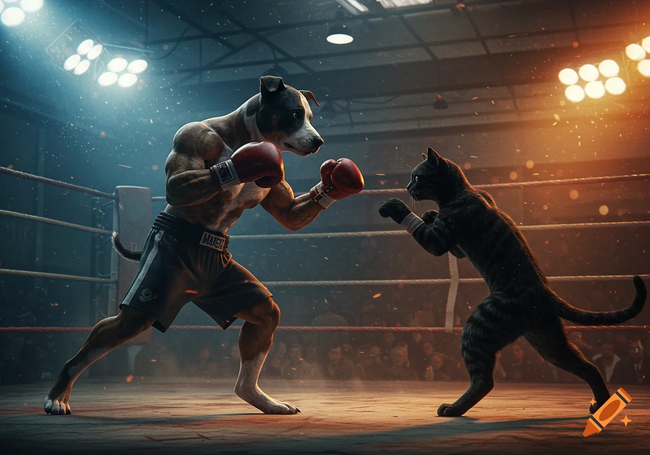 A muscular dog wearing red boxing gloves spars with a black cat in a brightly lit boxing ring.