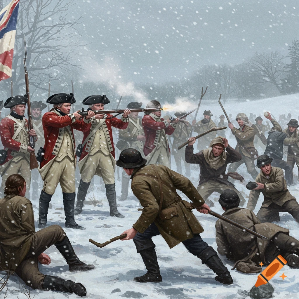 A historical painting depicting British Redcoats firing muskets at rebels wielding sticks, rocks, and snowballs in a snowy winter battle.