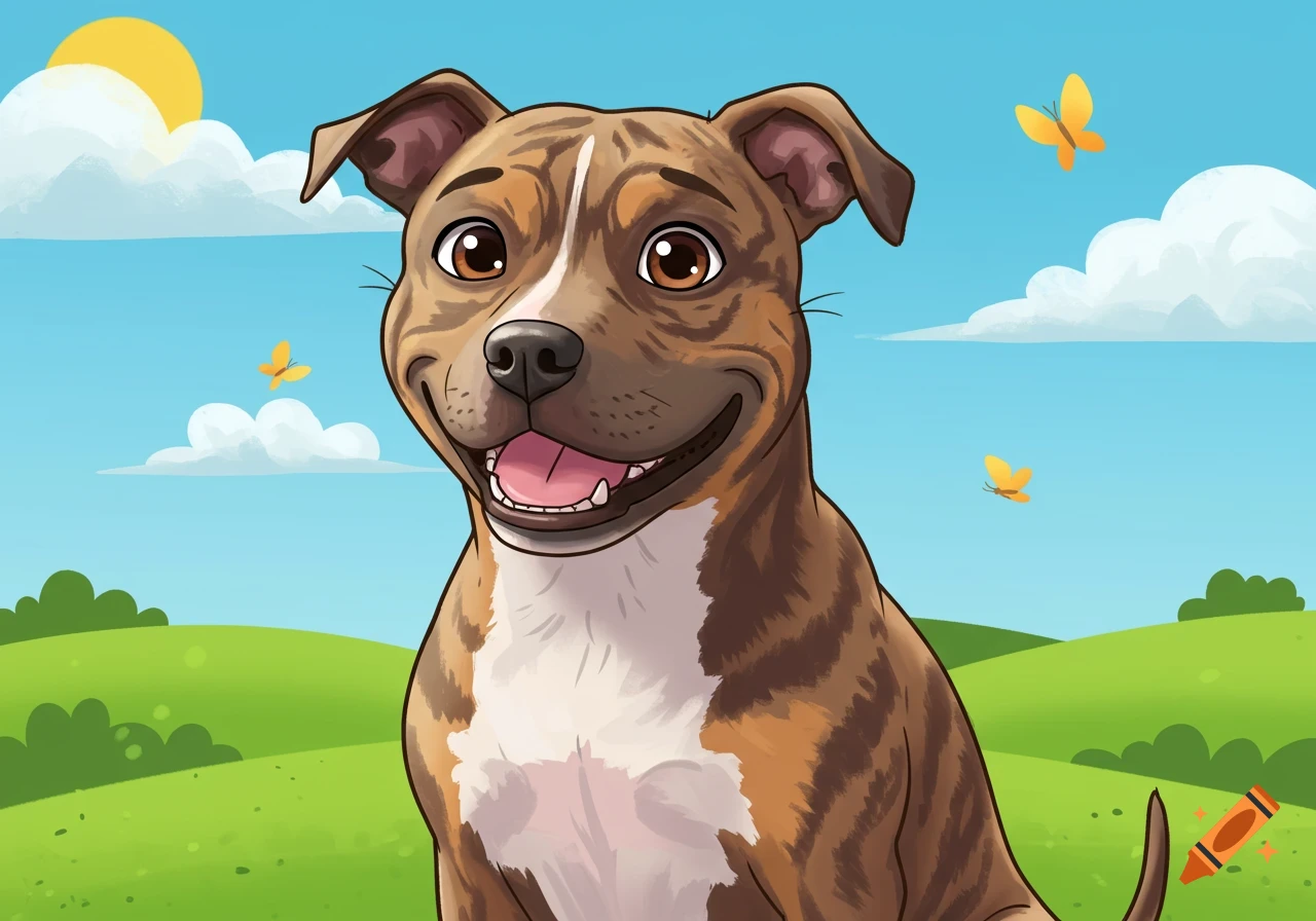 Cartoon illustration of a happy tan and brown brindle pitbull with a white chest patch, sitting in a green field with butterflies under a sunny blue sky.