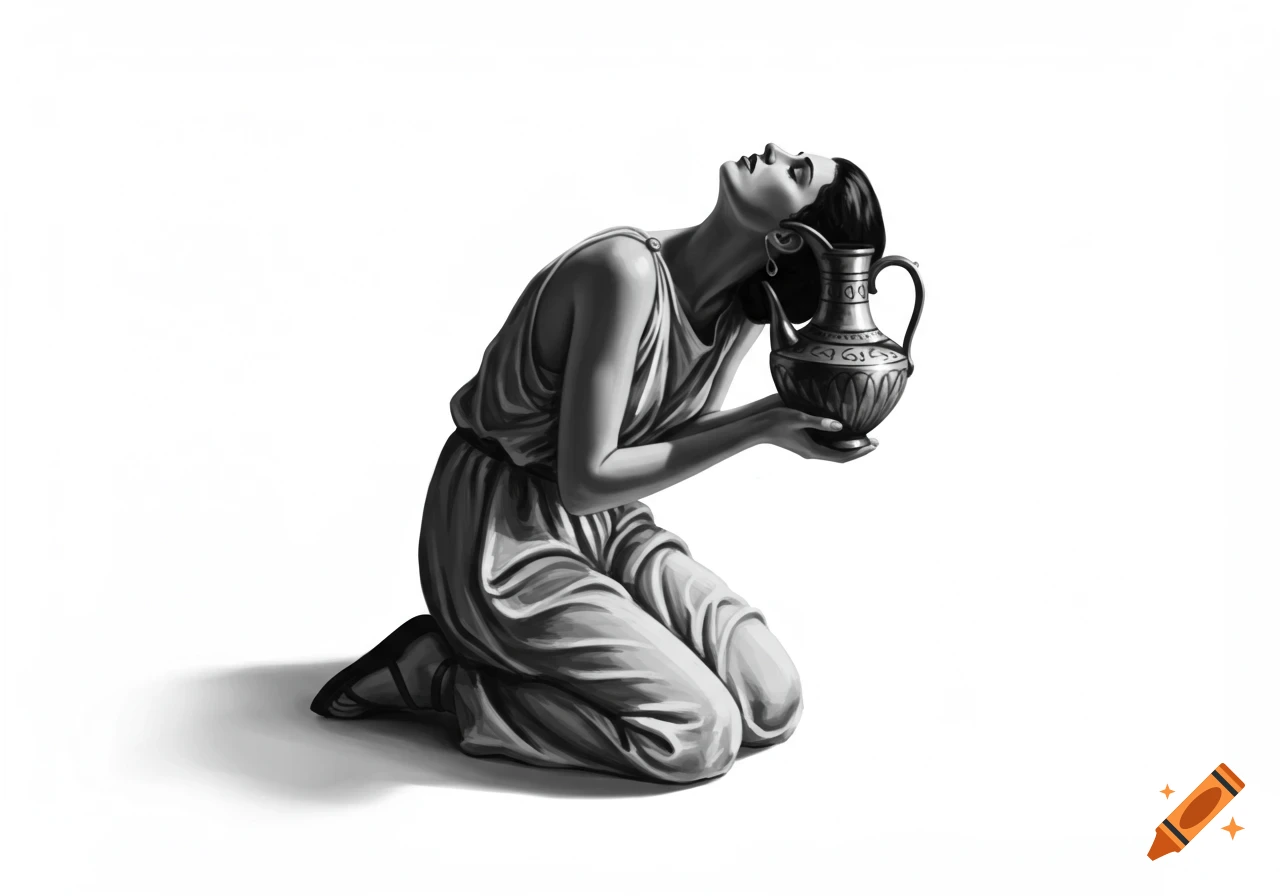 Monochrome illustration of a kneeling woman in draped attire holding an ornate pitcher, looking up.