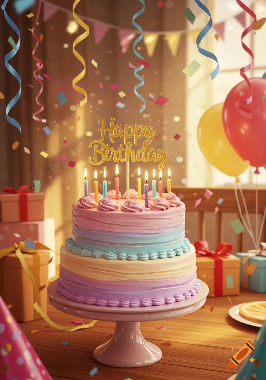A vibrant birthday cake with lit candles and a 'Happy Birthday' topper on a table, surrounded by balloons, confetti, and presents.