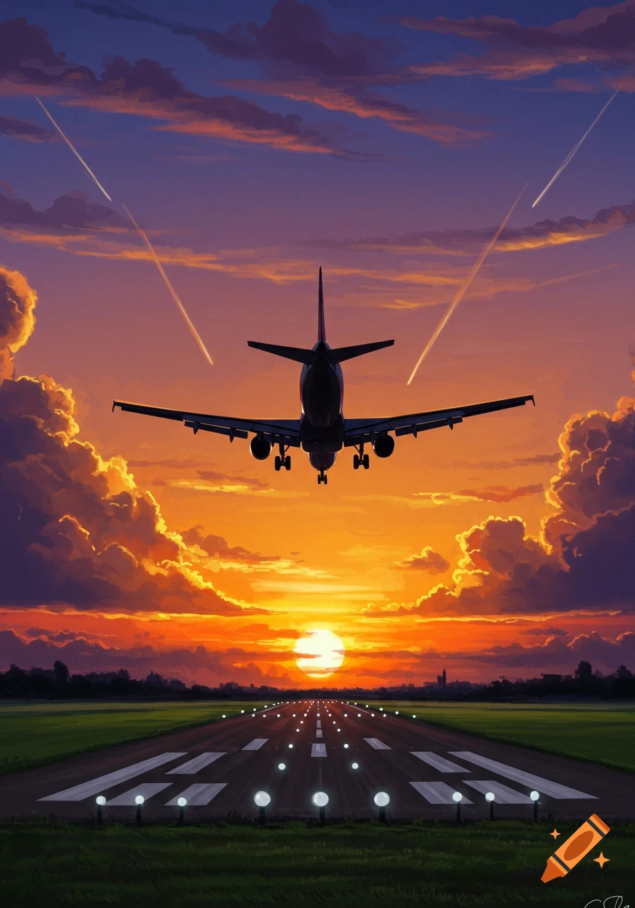 A stylized illustration of an airplane landing on a runway at sunset, with vibrant orange and purple clouds and streaking lights in the sky.