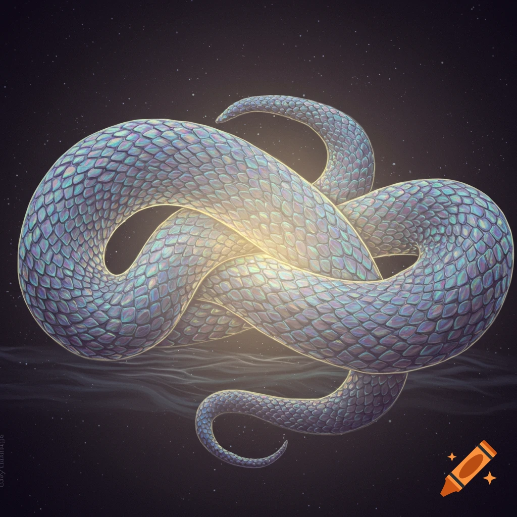 A shimmering, iridescent snake coils into an intricate knot, glowing warmly from its center against a dark, starry backdrop with subtle waves.