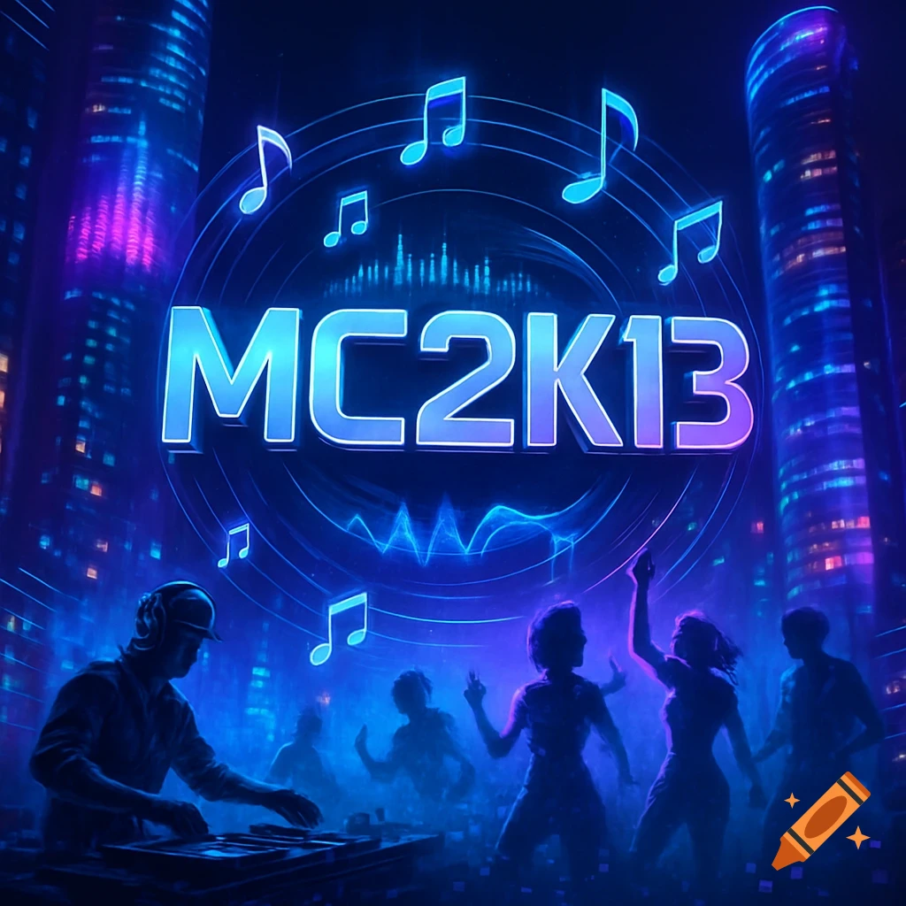 Neon-lit city skyline behind a DJ and dancers at a party, with glowing music notes and 'MC2K13' text.