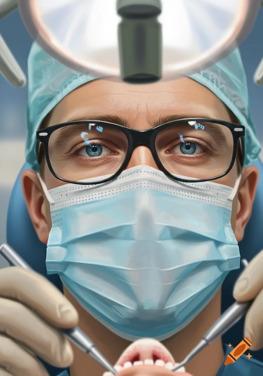 A digital painting of a dentist in glasses, mask, and surgical cap, holding tools while looking into a patient's mouth.