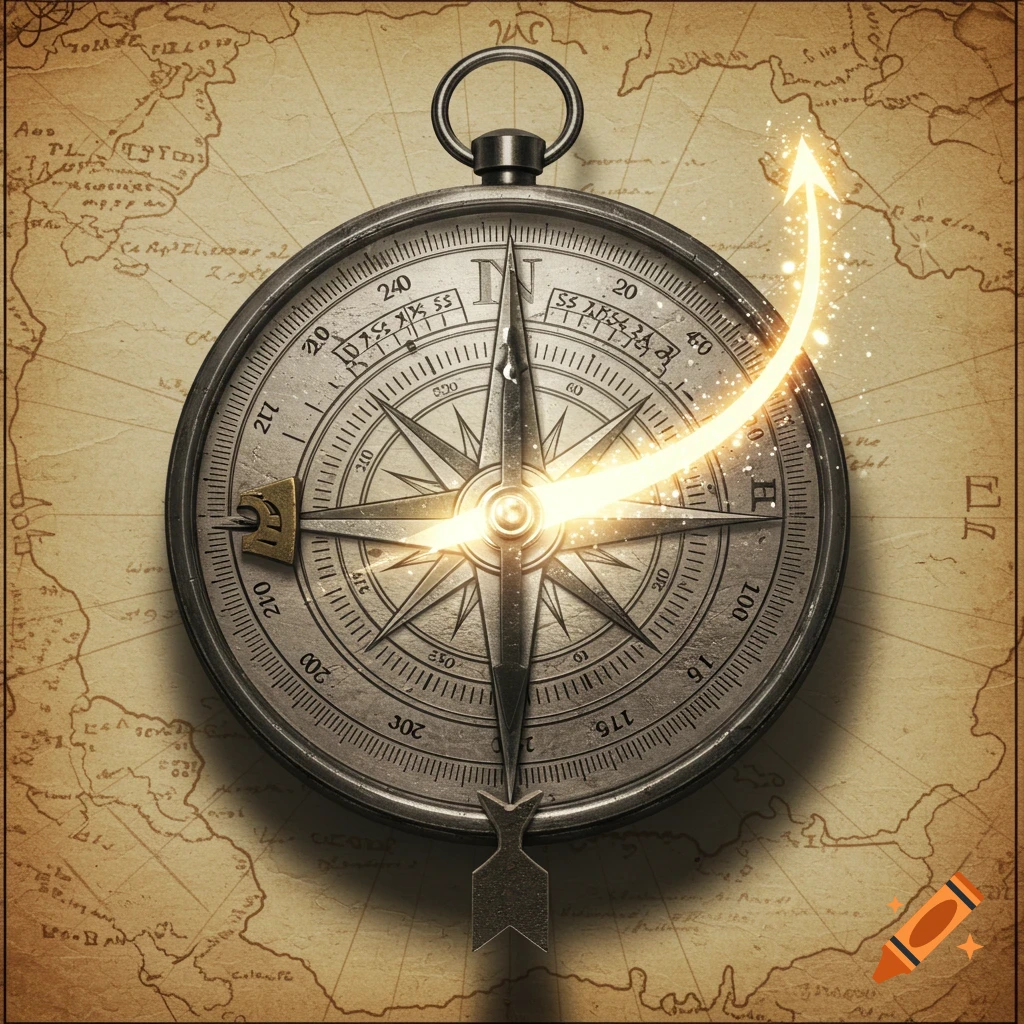 An old brass compass sits on a vintage map, with a glowing golden arrow pointing diagonally upwards and right, symbolizing exploration.