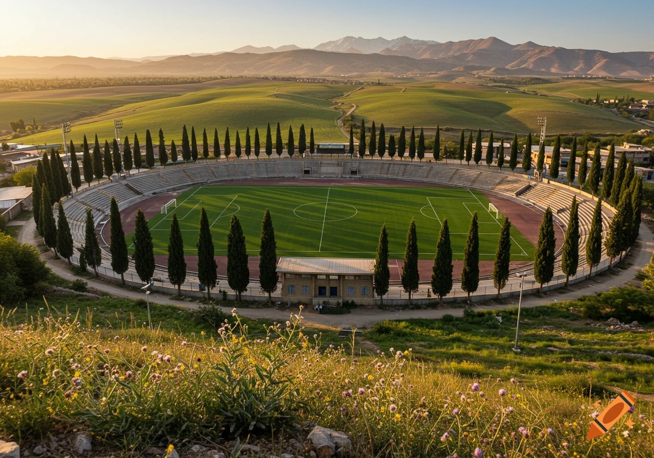 An aerial view of a small stadium with a green soccer field, surrounded by rows of cypress trees and rolling green hills at sunset.